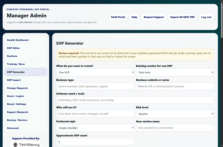 AI-assisted SOP generator screenshot