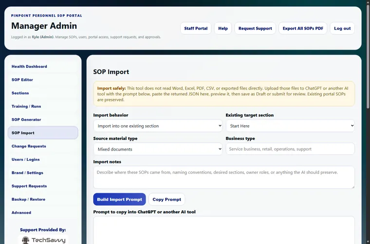 Import existing SOP content screenshot