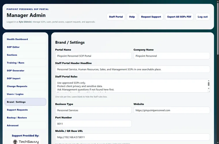 Branded customer portal settings screenshot