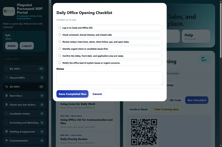 Checklist runs for repeatable work screenshot
