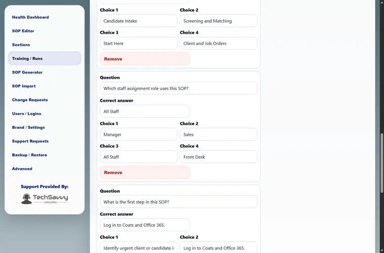 Training questions and quiz builder screenshot